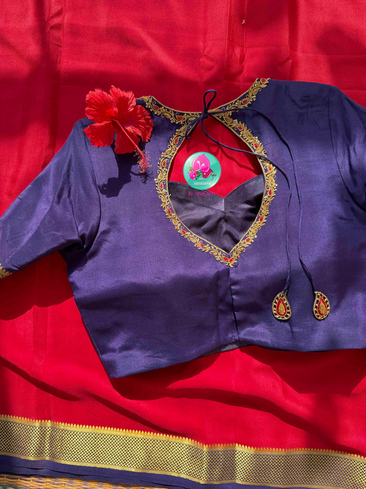 Auspicious Crimson & Midnight Navy: 120gsm Pure Mysore Silk Saree with Patterned Blouse