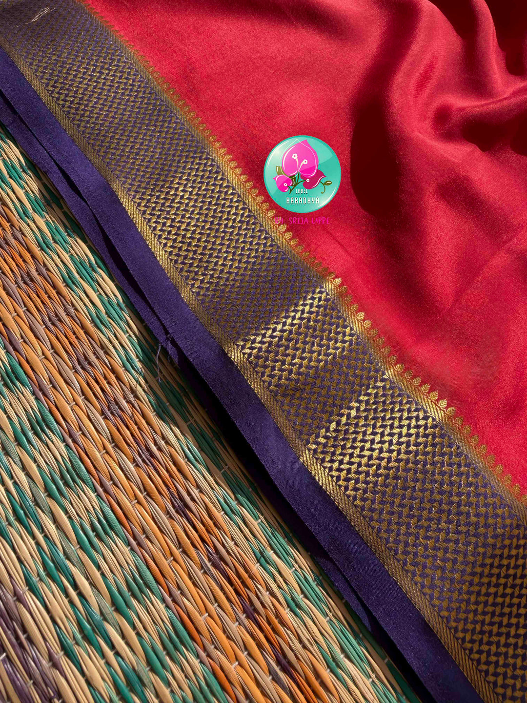 Auspicious Crimson & Midnight Navy: 120gsm Pure Mysore Silk Saree with Patterned Blouse