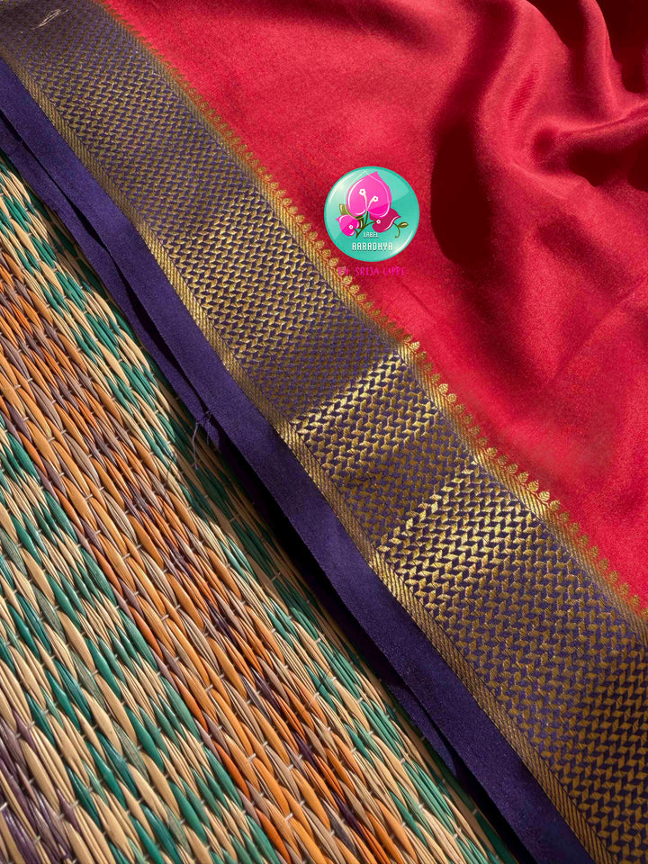 Auspicious Crimson & Midnight Navy: 120gsm Pure Mysore Silk Saree with Patterned Blouse
