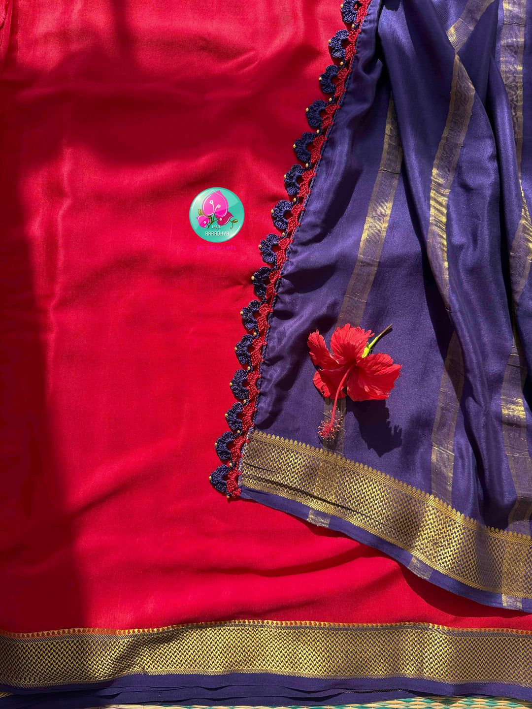 Auspicious Crimson & Midnight Navy: 120gsm Pure Mysore Silk Saree with Patterned Blouse
