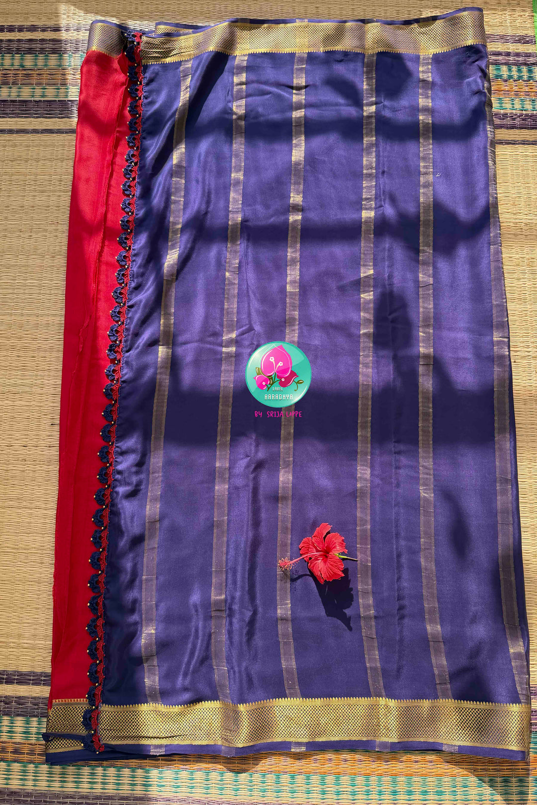Auspicious Crimson & Midnight Navy: 120gsm Pure Mysore Silk Saree with Patterned Blouse