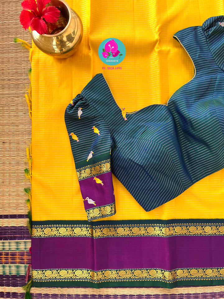 yellow Vaira Oosi Check, with fine 2g Zari Saree with hand-embroidered bird theme blouse
