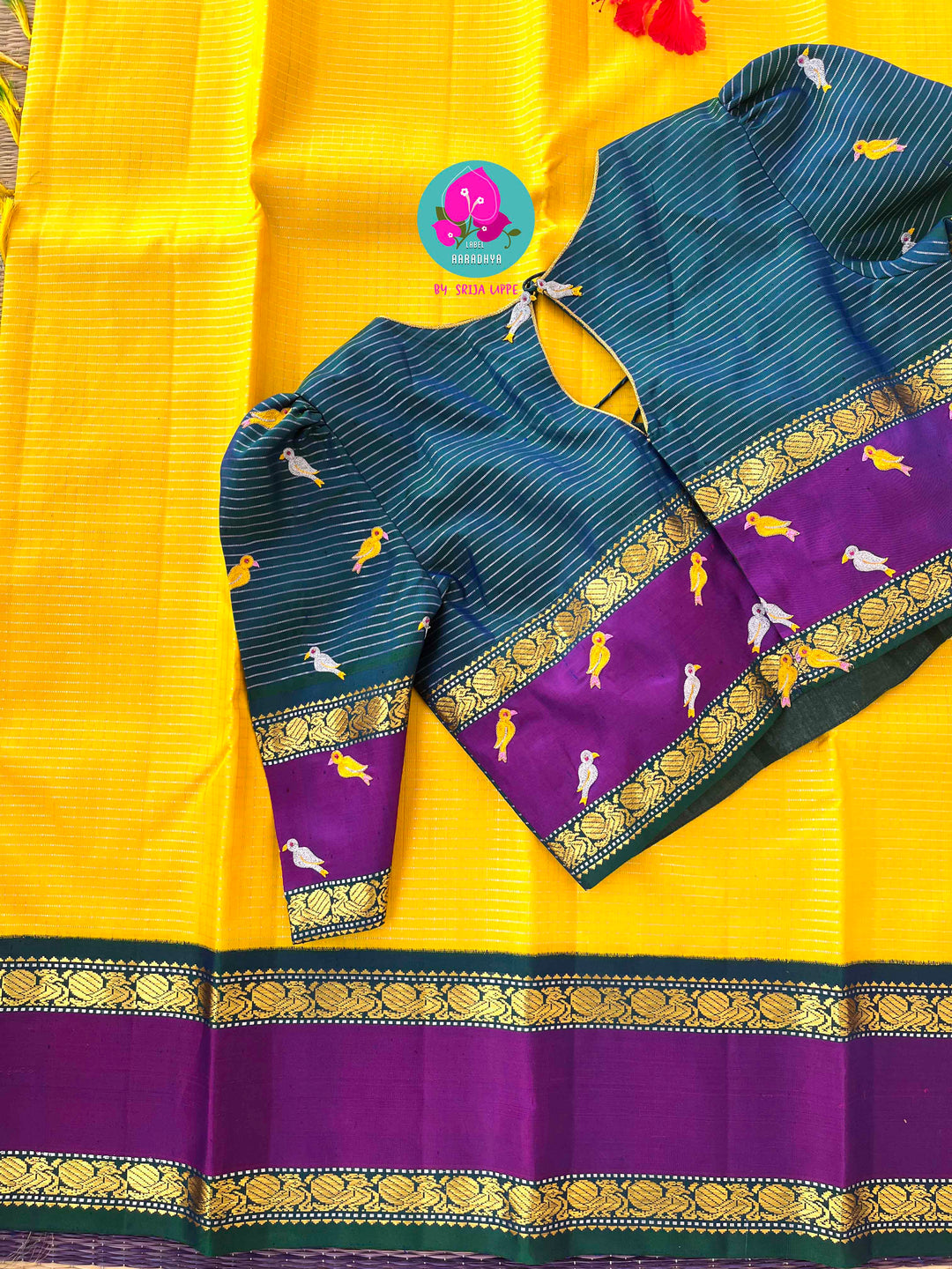 yellow Vaira Oosi Check, with fine 2g Zari Saree with hand-embroidered bird theme blouse