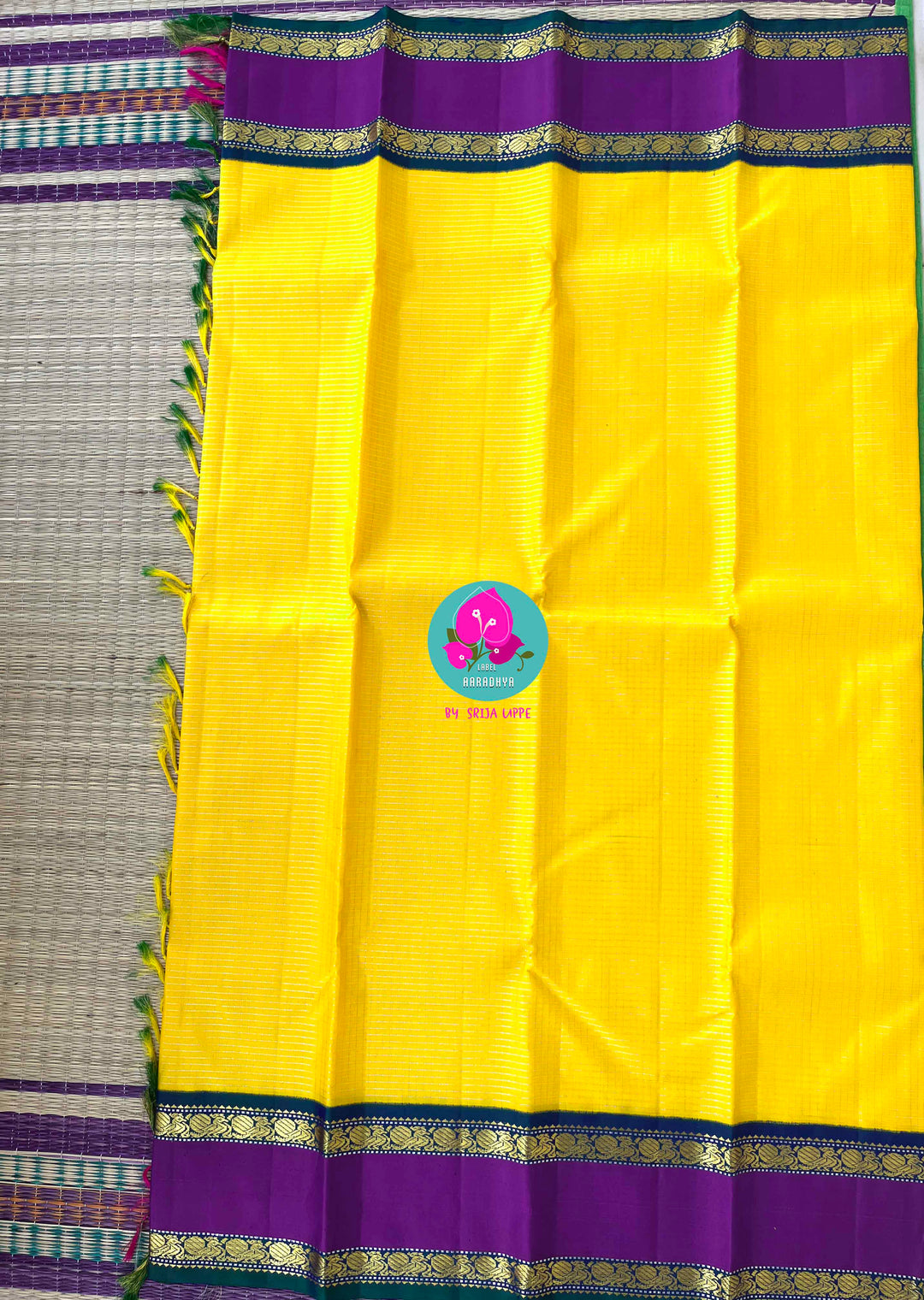 yellow Vaira Oosi Check, with fine 2g Zari Saree with hand-embroidered bird theme blouse