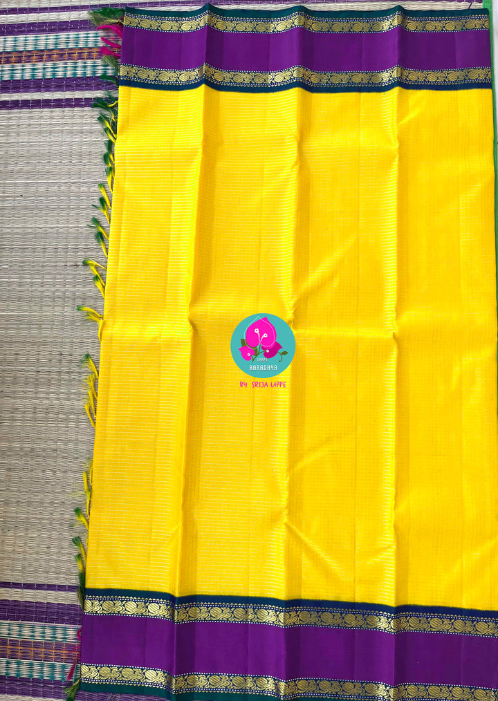 yellow Vaira Oosi Check, with fine 2g Zari Saree with hand-embroidered bird theme blouse