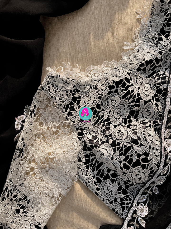 Hand embroidered georgette Ariel saree Paired white Rosy netted blouse with sequins