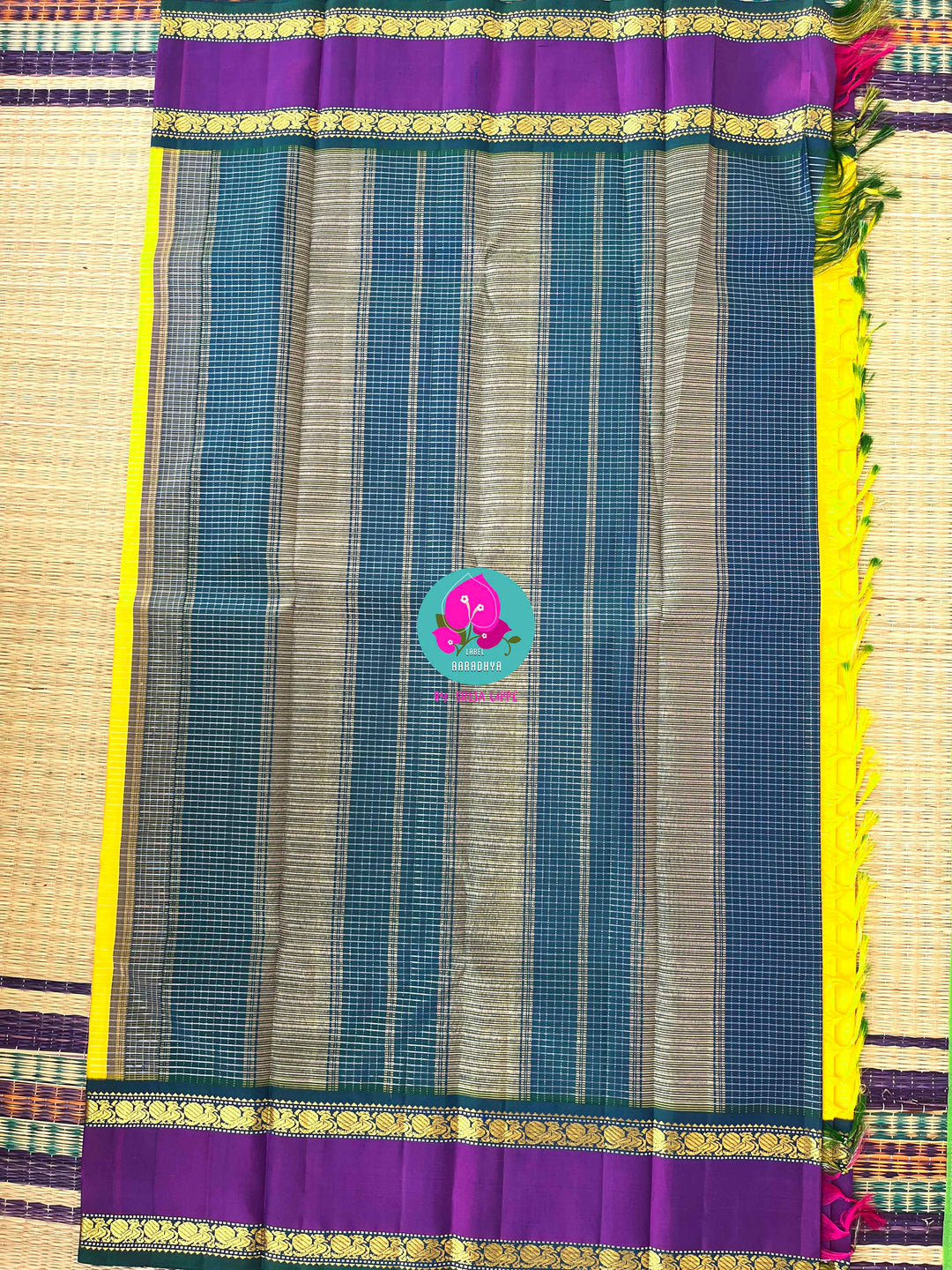 yellow Vaira Oosi Check, with fine 2g Zari Saree with hand-embroidered bird theme blouse