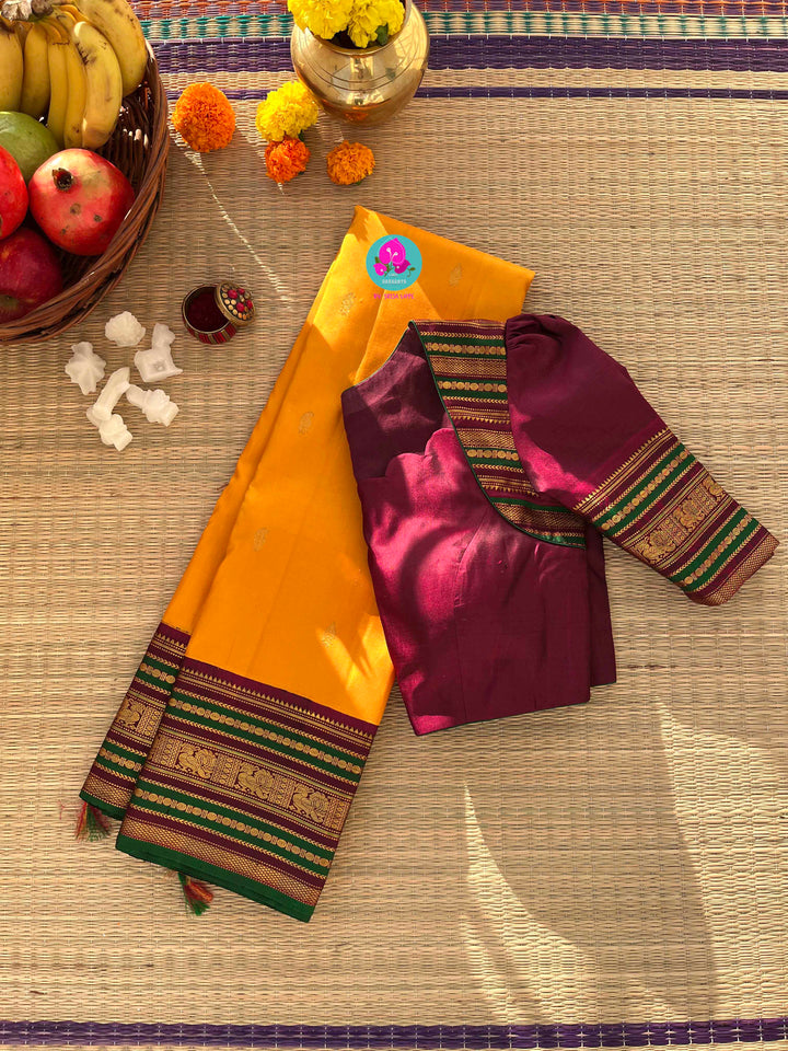 Sun-Kissed Tradition: Kanchipattu in Mustard Yellow & Berry-Rich Border paired with blouse