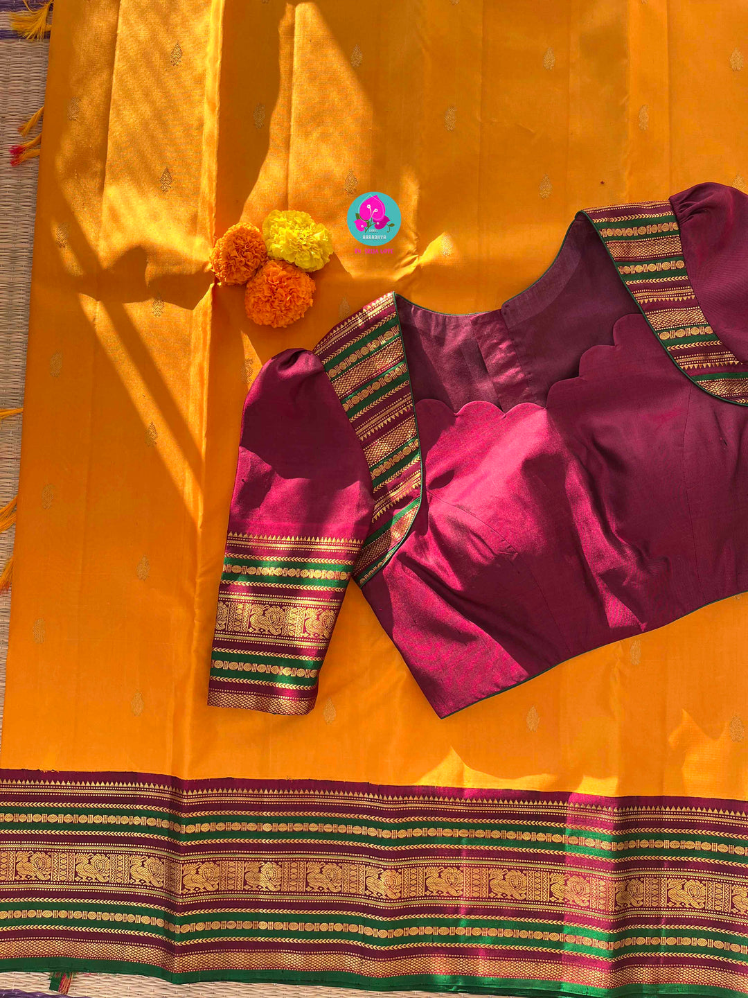 Sun-Kissed Tradition: Kanchipattu in Mustard Yellow & Berry-Rich Border paired with blouse