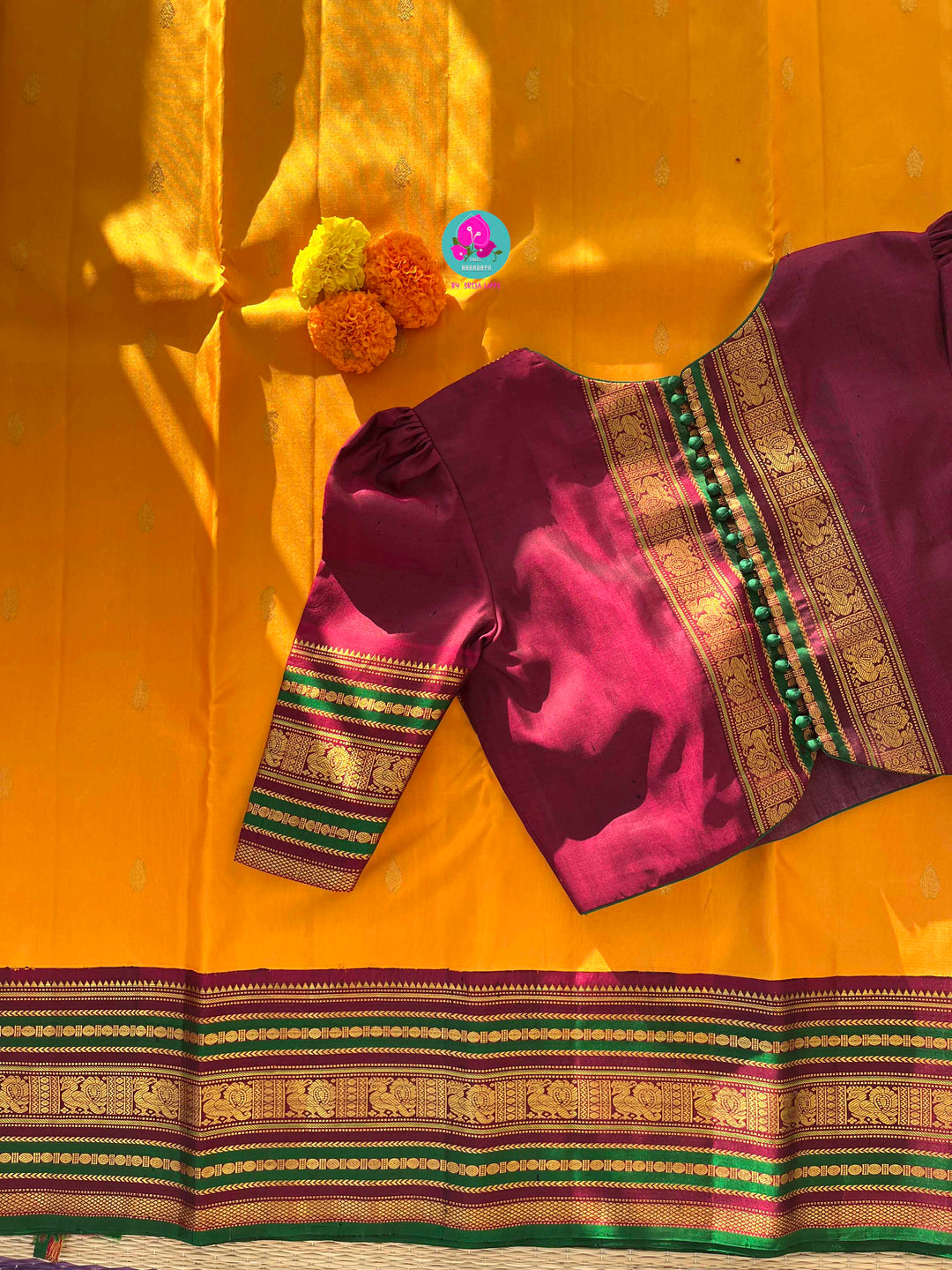 Sun-Kissed Tradition: Kanchipattu in Mustard Yellow & Berry-Rich Border paired with blouse