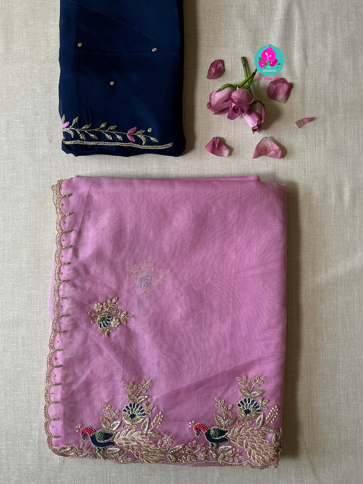 Lavender Organza saree with Navy blue blouse