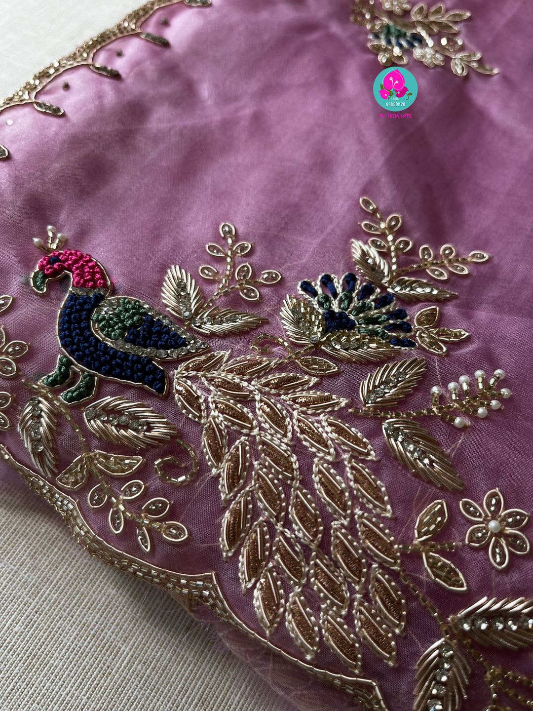 Lavender Organza saree with Navy blue blouse