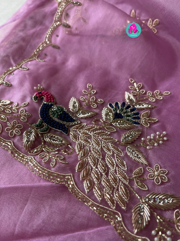 Lavender Organza saree with Navy blue blouse