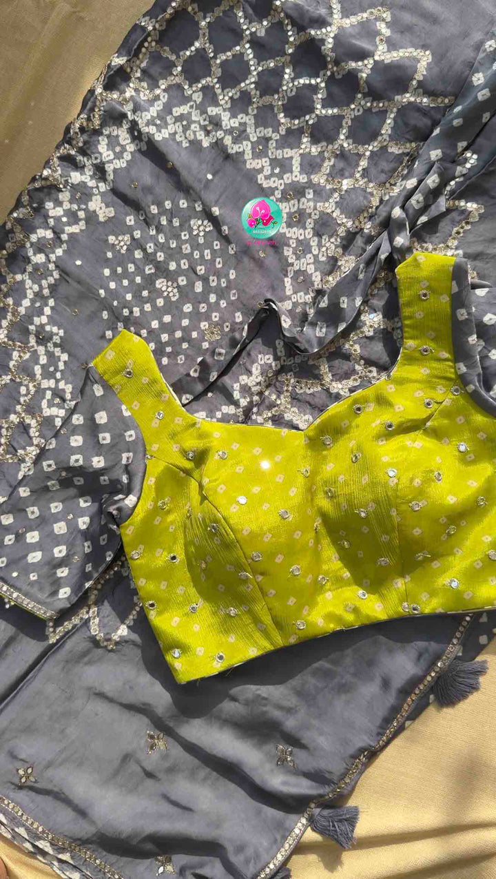 Modern Artisanal Glamour: Charcoal Grey Pure Modal Silk Bandhani Saree & Lime Green Mirror Blouse