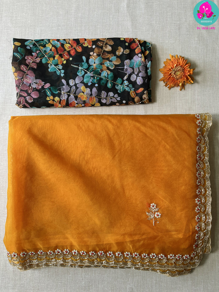 Mustard soft organza silk hand embroidered saree with beautiful pearl, silver cutdana, bead and zardosi