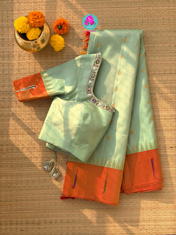 Verdant Whispers: Pista Green Pure Gadwal Saree with Sun-Kissed Tissue Border