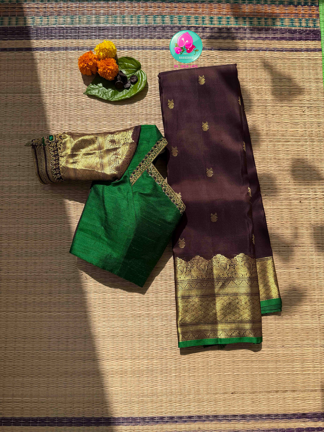 Earthy Sophistication: Trending Dark Chocolate Brown Pure Kanchipattu Silk & Emerald Green Fusion Blouse