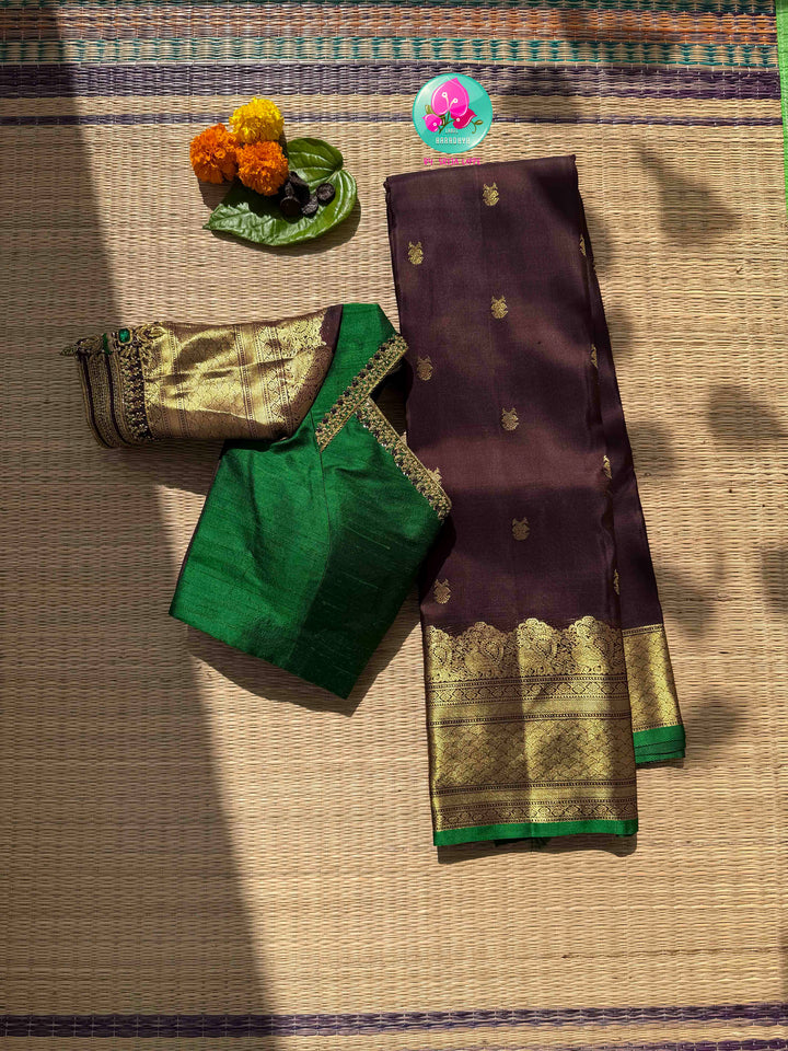 Earthy Sophistication: Trending Dark Chocolate Brown Pure Kanchipattu Silk & Emerald Green Fusion Blouse