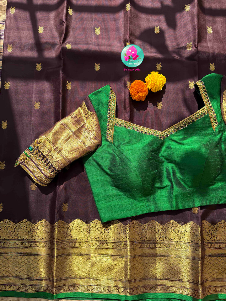 Earthy Sophistication: Trending Dark Chocolate Brown Pure Kanchipattu Silk & Emerald Green Fusion Blouse