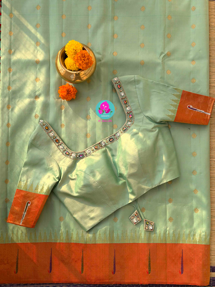 Verdant Whispers: Pista Green Pure Gadwal Saree with Sun-Kissed Tissue Border