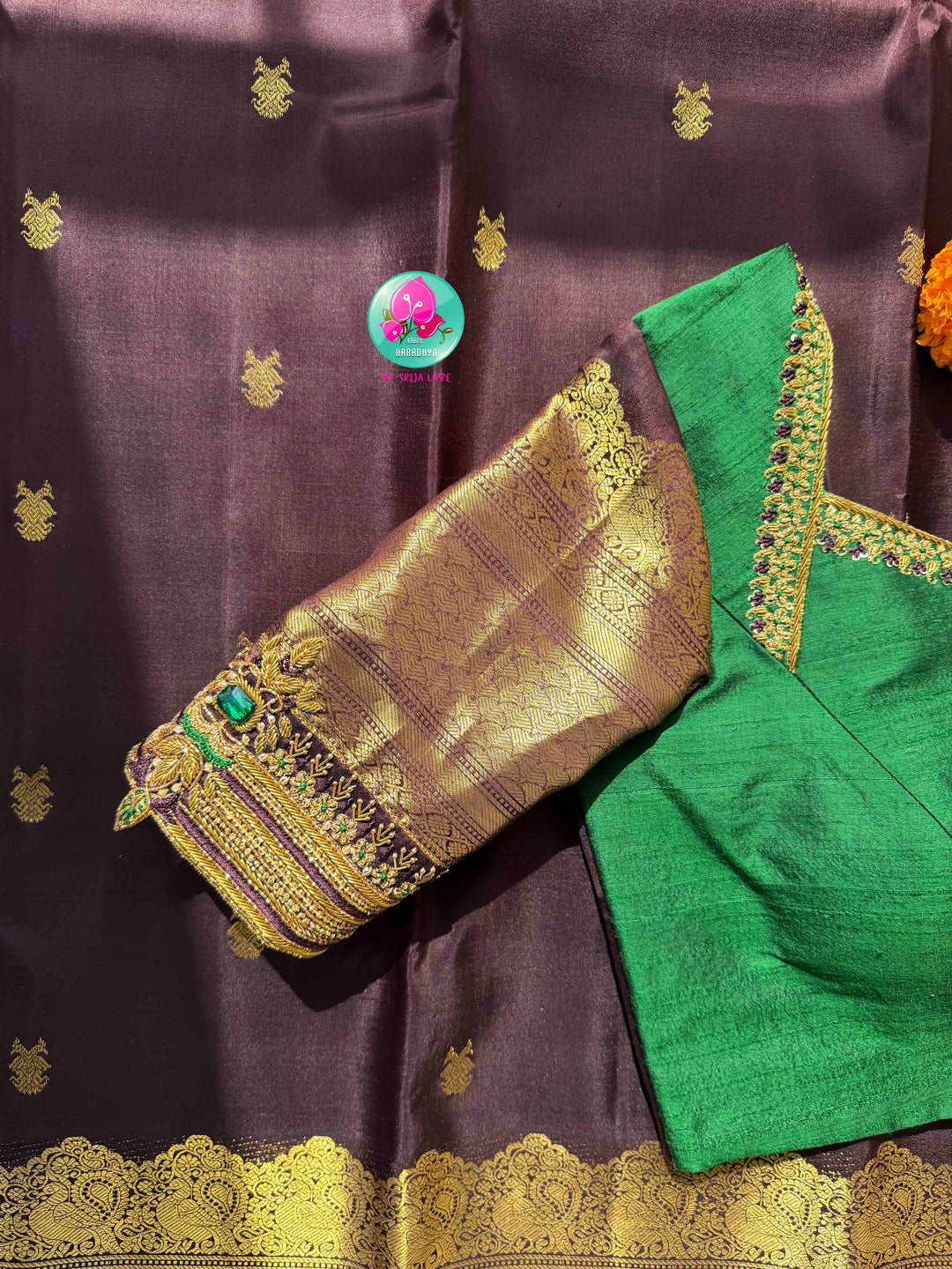 Earthy Sophistication: Trending Dark Chocolate Brown Pure Kanchipattu Silk & Emerald Green Fusion Blouse