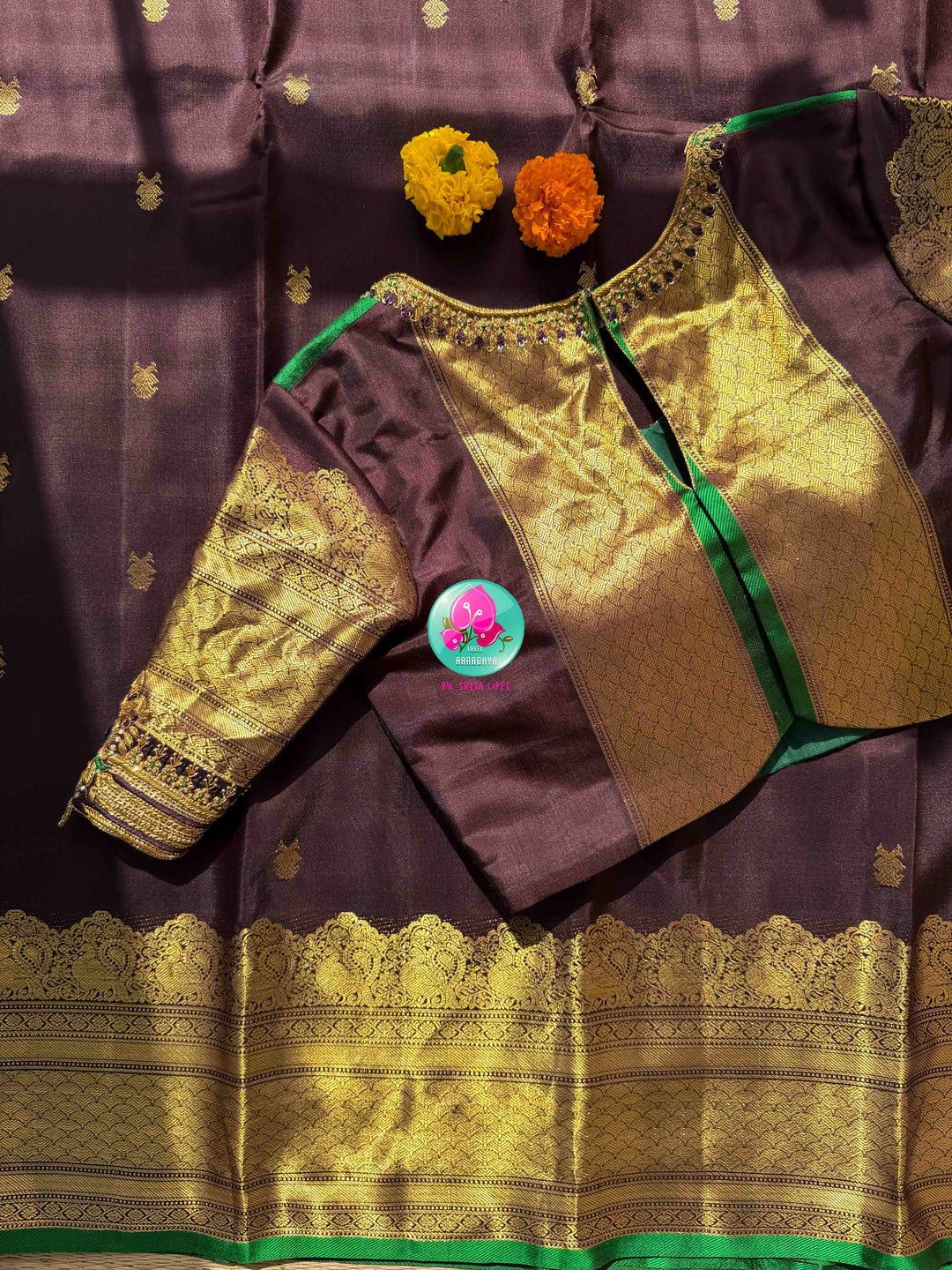 Earthy Sophistication: Trending Dark Chocolate Brown Pure Kanchipattu Silk & Emerald Green Fusion Blouse