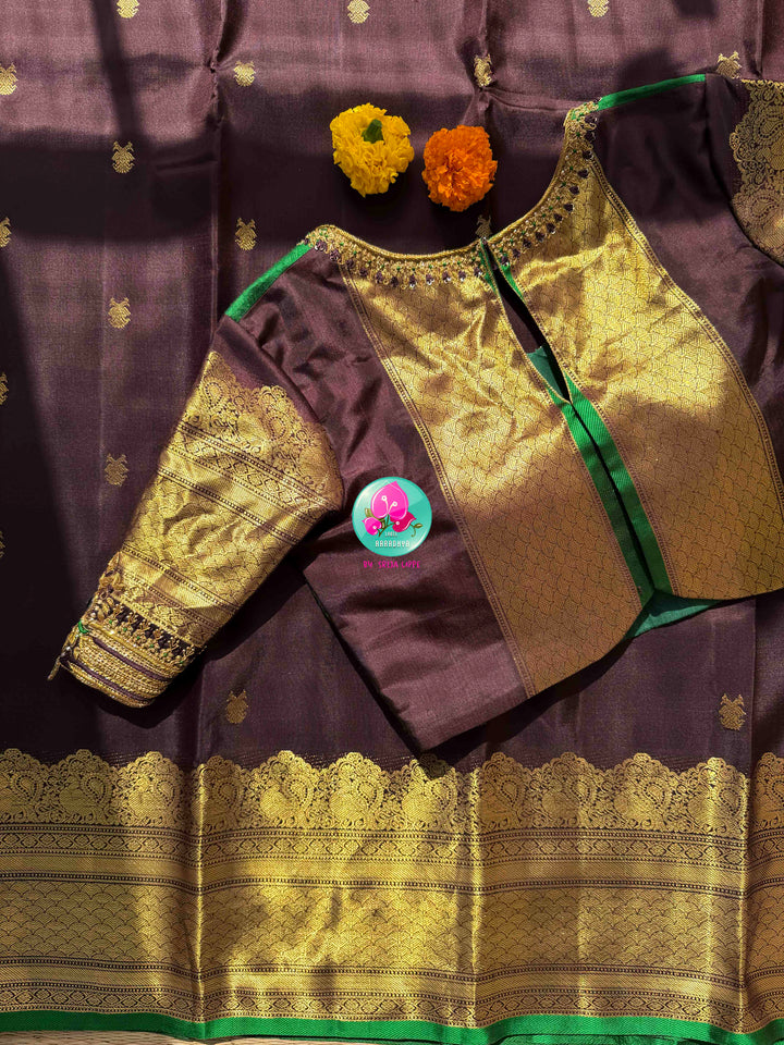 Earthy Sophistication: Trending Dark Chocolate Brown Pure Kanchipattu Silk & Emerald Green Fusion Blouse