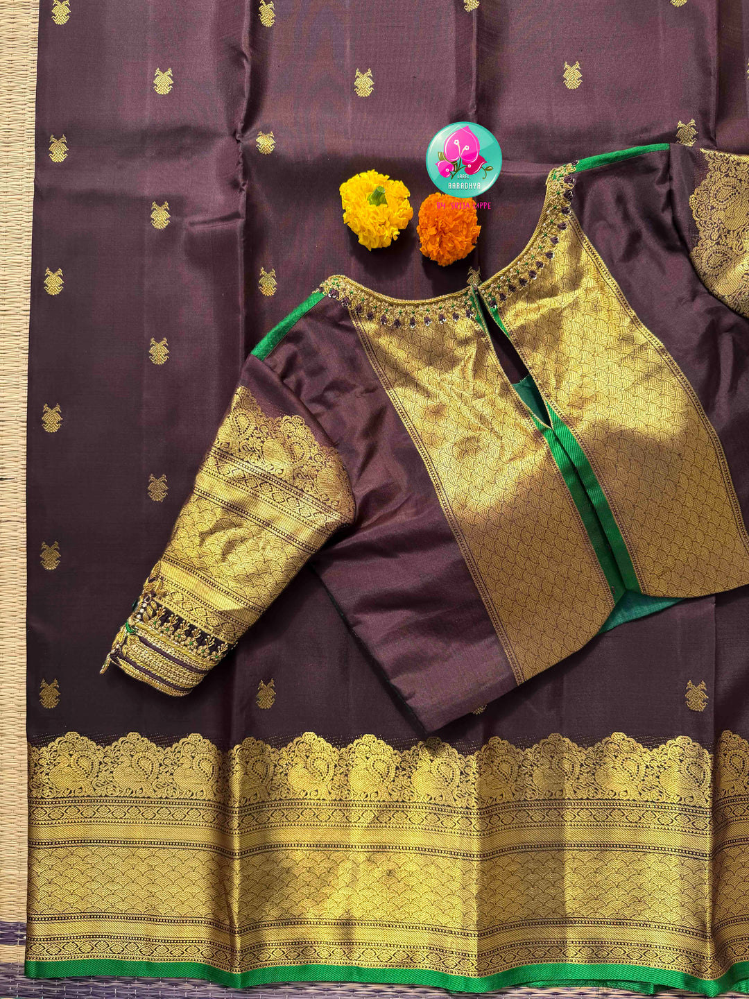 Earthy Sophistication: Trending Dark Chocolate Brown Pure Kanchipattu Silk & Emerald Green Fusion Blouse