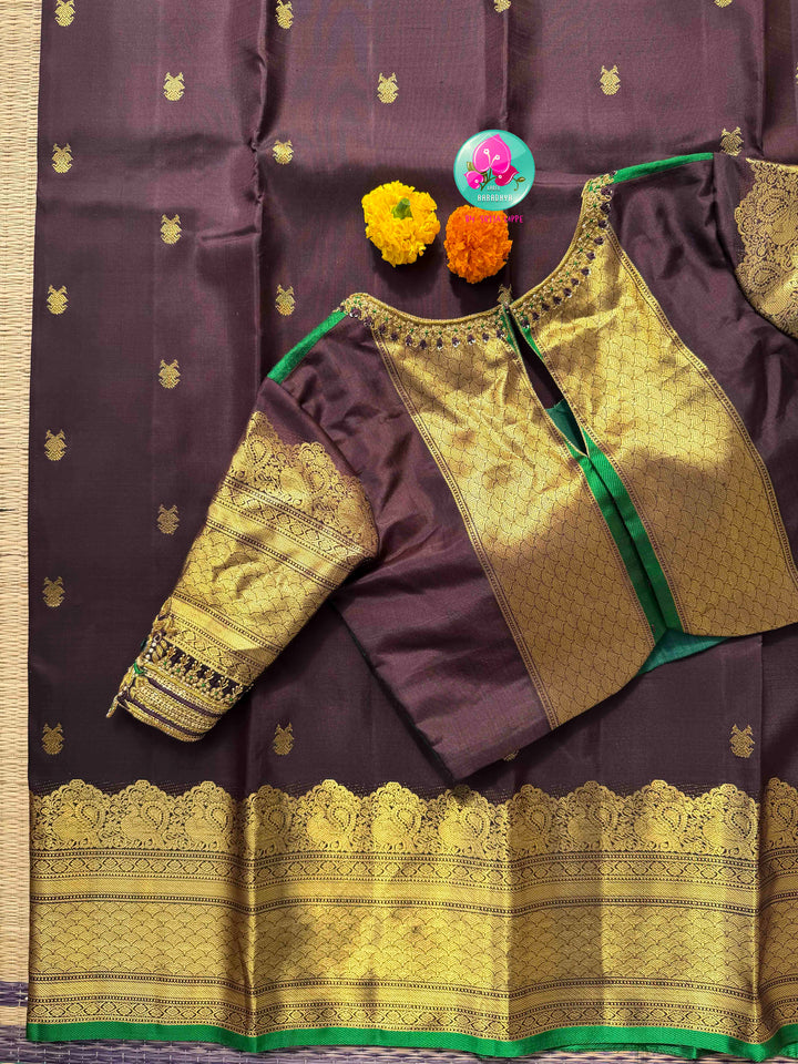 Earthy Sophistication: Trending Dark Chocolate Brown Pure Kanchipattu Silk & Emerald Green Fusion Blouse