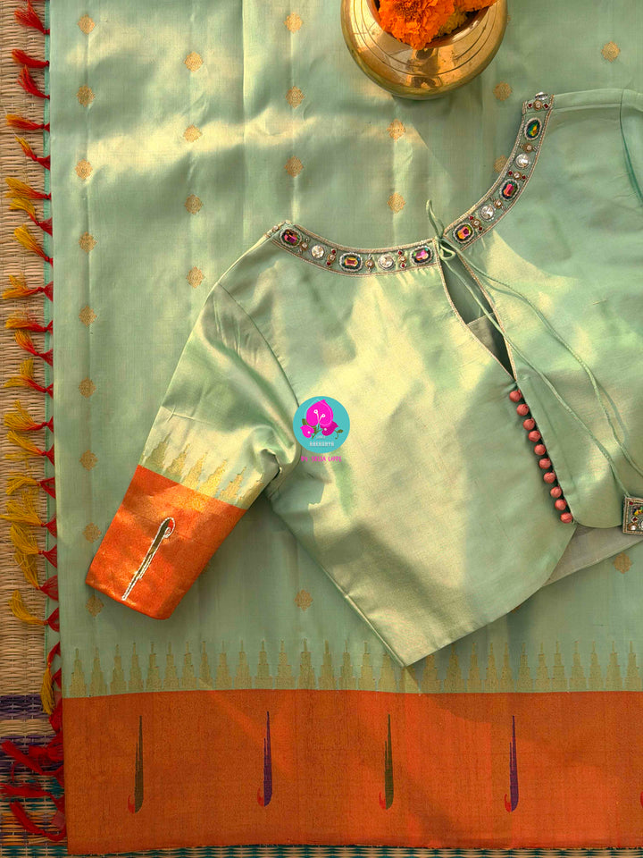 Verdant Whispers: Pista Green Pure Gadwal Saree with Sun-Kissed Tissue Border