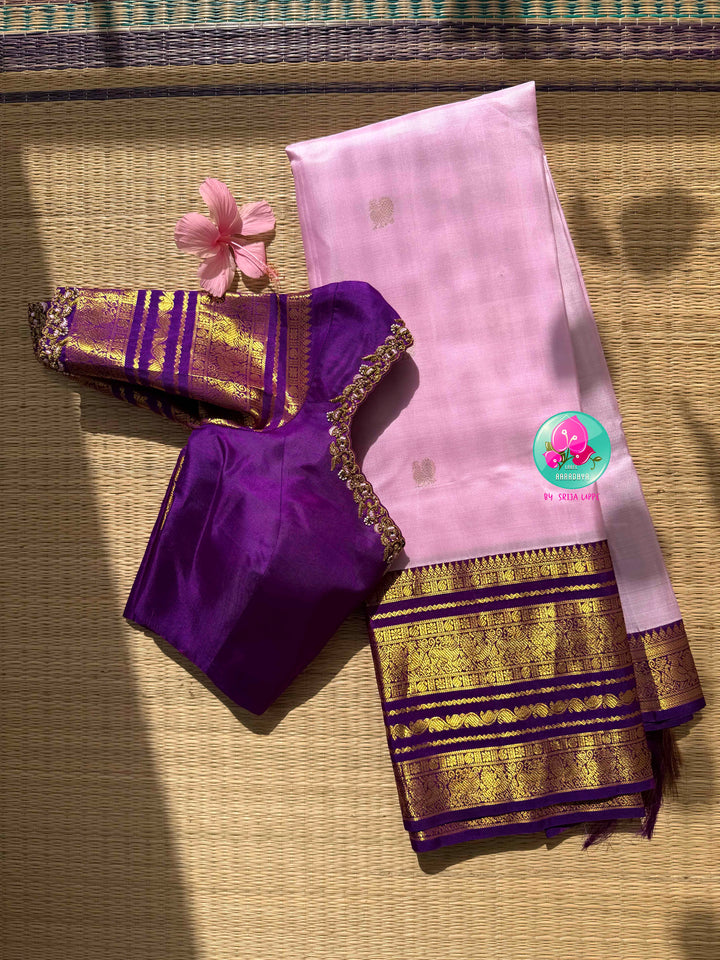 Botanical Elegance: Lavender Pink December Flower Kanchipattu Silk Saree & Purple Maggam Blouse