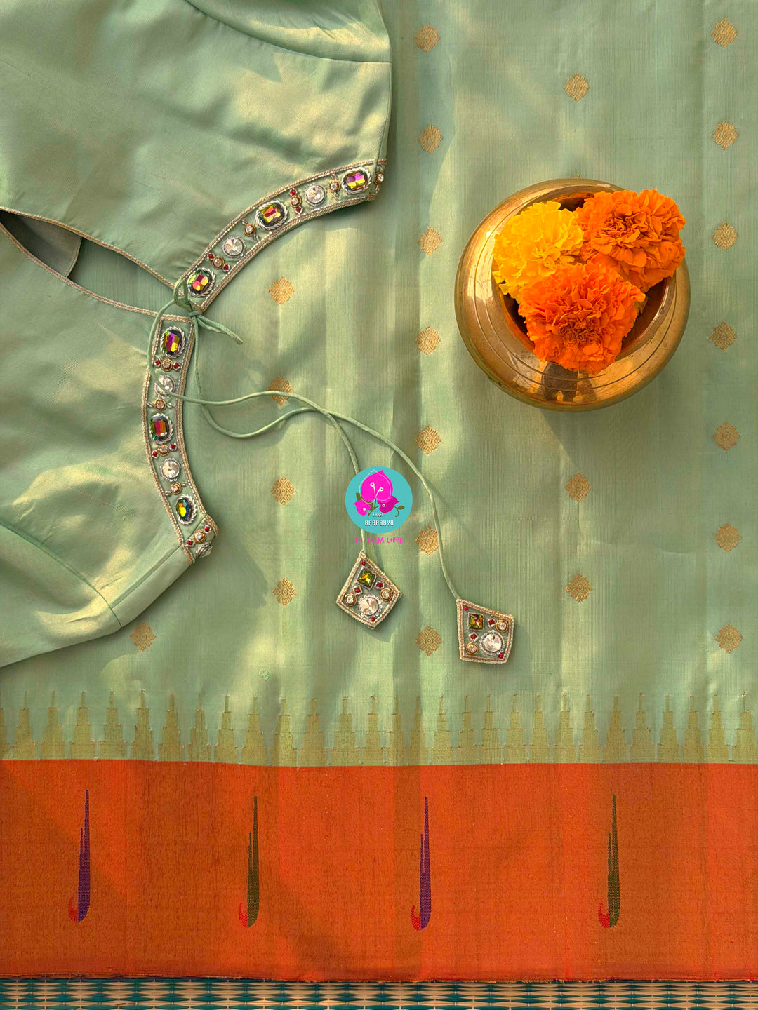 Verdant Whispers: Pista Green Pure Gadwal Saree with Sun-Kissed Tissue Border