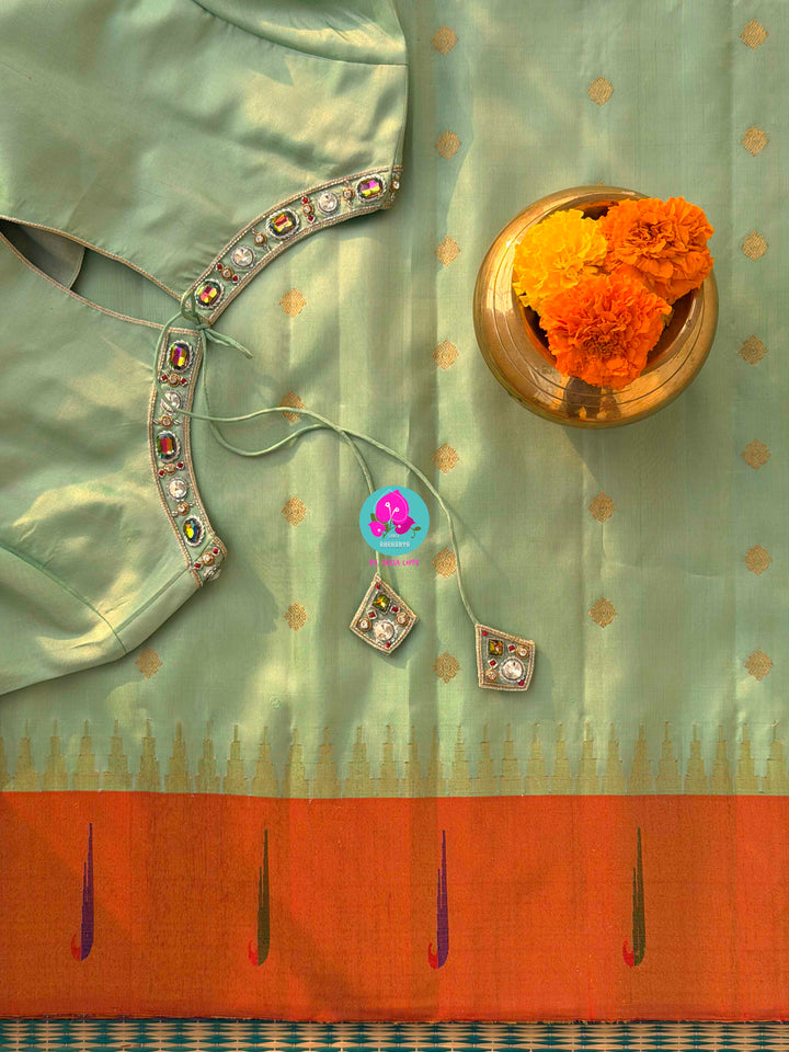 Verdant Whispers: Pista Green Pure Gadwal Saree with Sun-Kissed Tissue Border