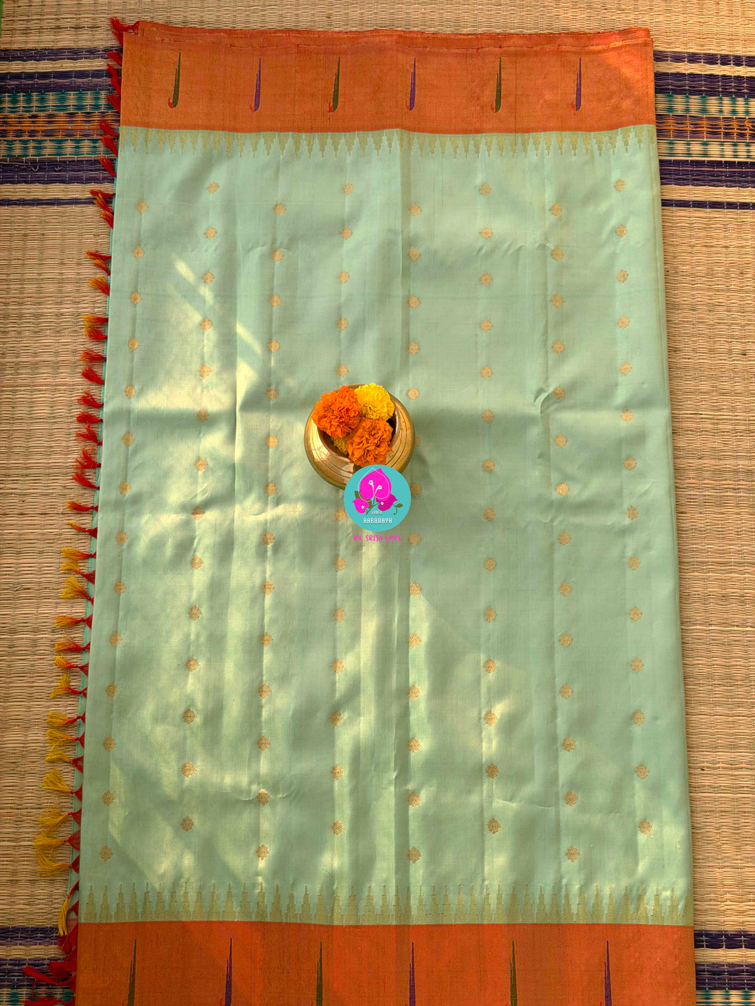 Verdant Whispers: Pista Green Pure Gadwal Saree with Sun-Kissed Tissue Border
