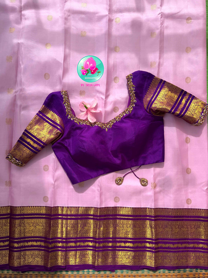 Botanical Elegance: Lavender Pink December Flower Kanchipattu Silk Saree & Purple Maggam Blouse