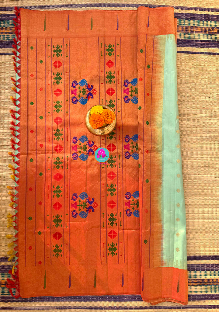 Verdant Whispers: Pista Green Pure Gadwal Saree with Sun-Kissed Tissue Border