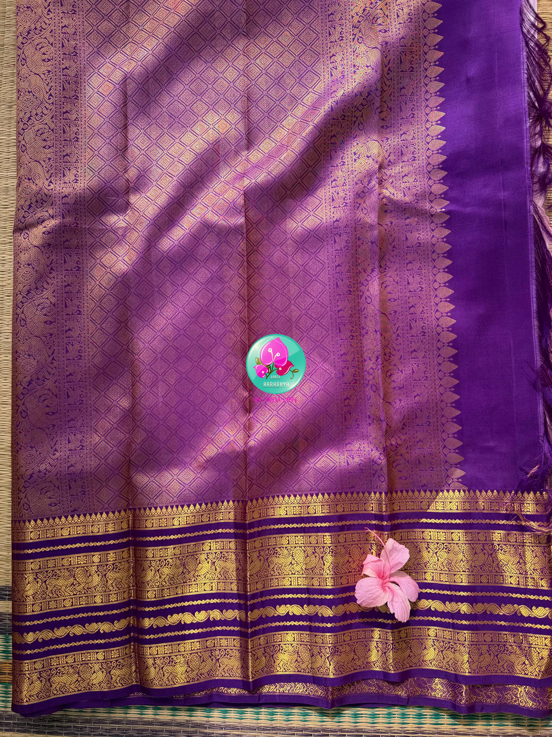 Botanical Elegance: Lavender Pink December Flower Kanchipattu Silk Saree & Purple Maggam Blouse