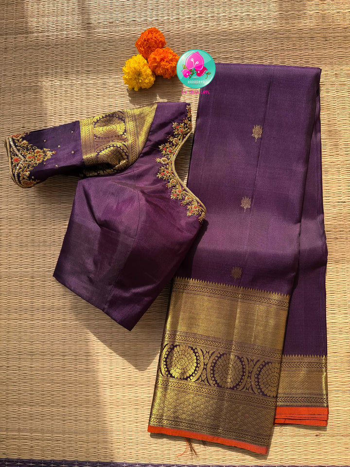 Imperial Plum & Gilded Zari: Deep Purple Pure Kanchipattu Silk Saree & Hand-Embroidered Maggam Blouse