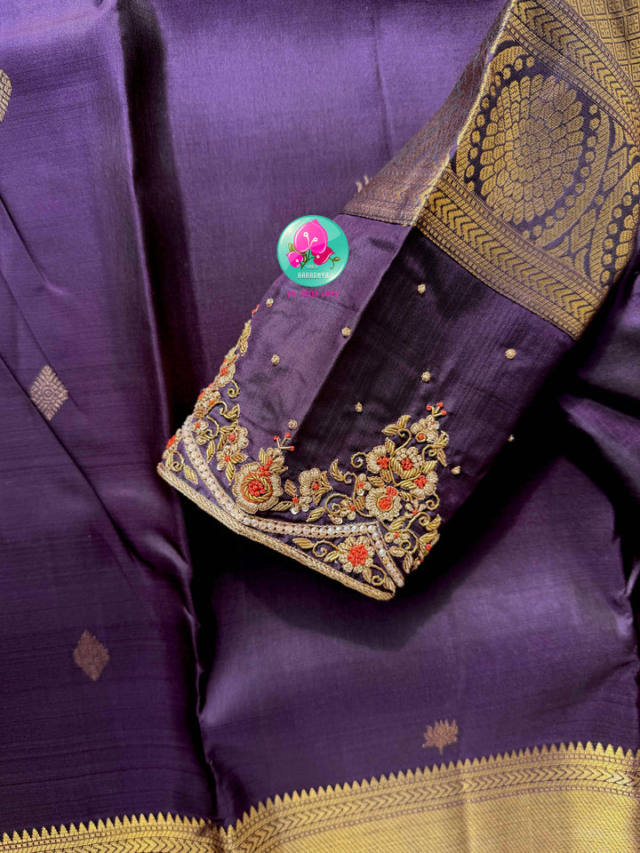Imperial Plum & Gilded Zari: Deep Purple Pure Kanchipattu Silk Saree & Hand-Embroidered Maggam Blouse