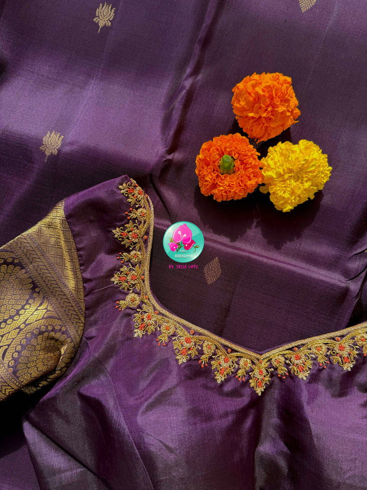 Imperial Plum & Gilded Zari: Deep Purple Pure Kanchipattu Silk Saree & Hand-Embroidered Maggam Blouse