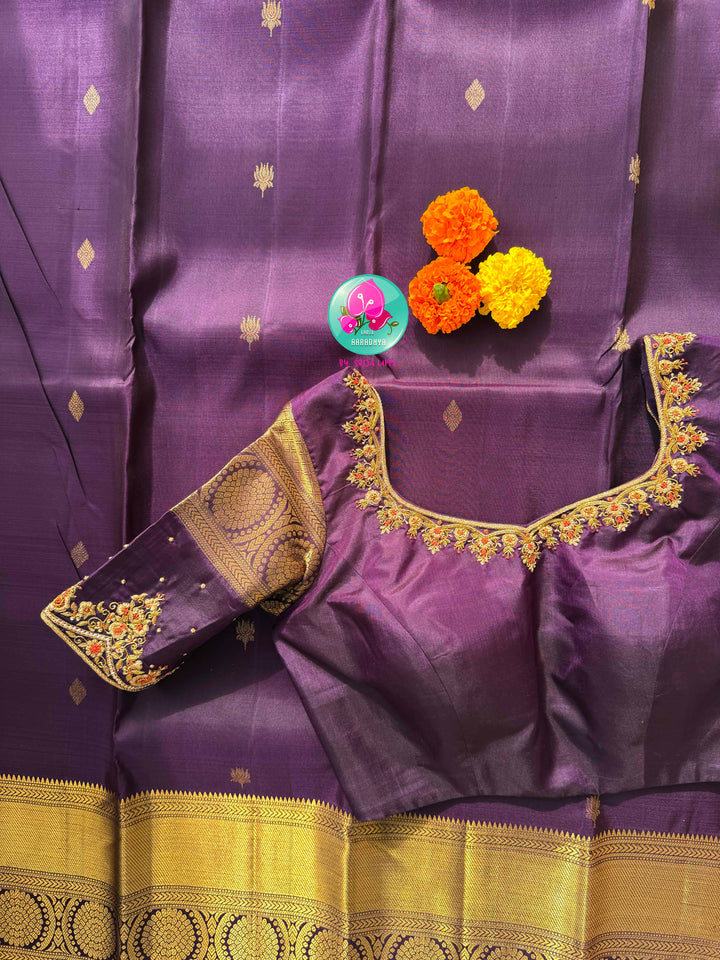 Imperial Plum & Gilded Zari: Deep Purple Pure Kanchipattu Silk Saree & Hand-Embroidered Maggam Blouse