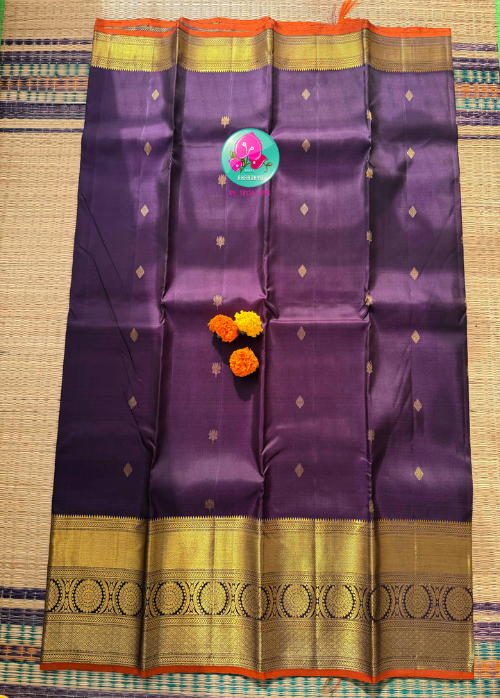Imperial Plum & Gilded Zari: Deep Purple Pure Kanchipattu Silk Saree & Hand-Embroidered Maggam Blouse