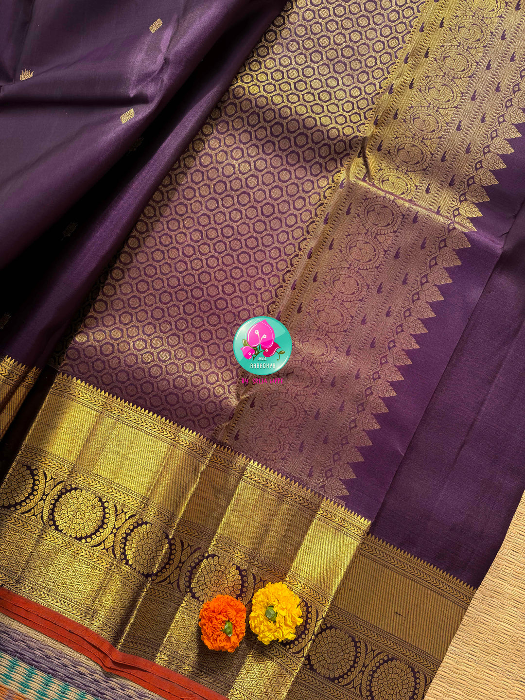 Imperial Plum & Gilded Zari: Deep Purple Pure Kanchipattu Silk Saree & Hand-Embroidered Maggam Blouse