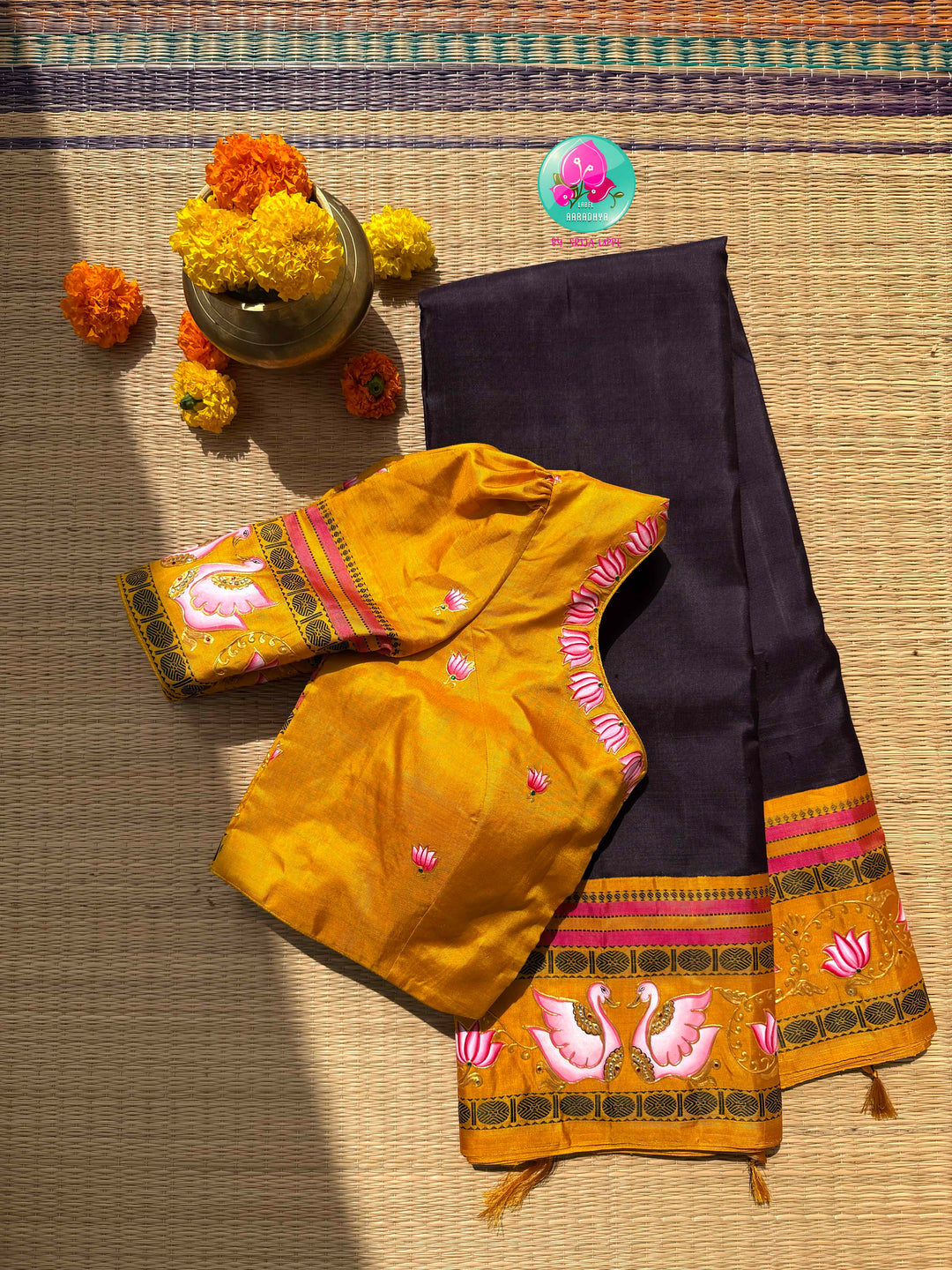 Dreamy Swan & Lotus Canvas: No-Zari Kanjeevaram Saree in Kanchana Brown & Tanjore-Painted Mustard Blouse