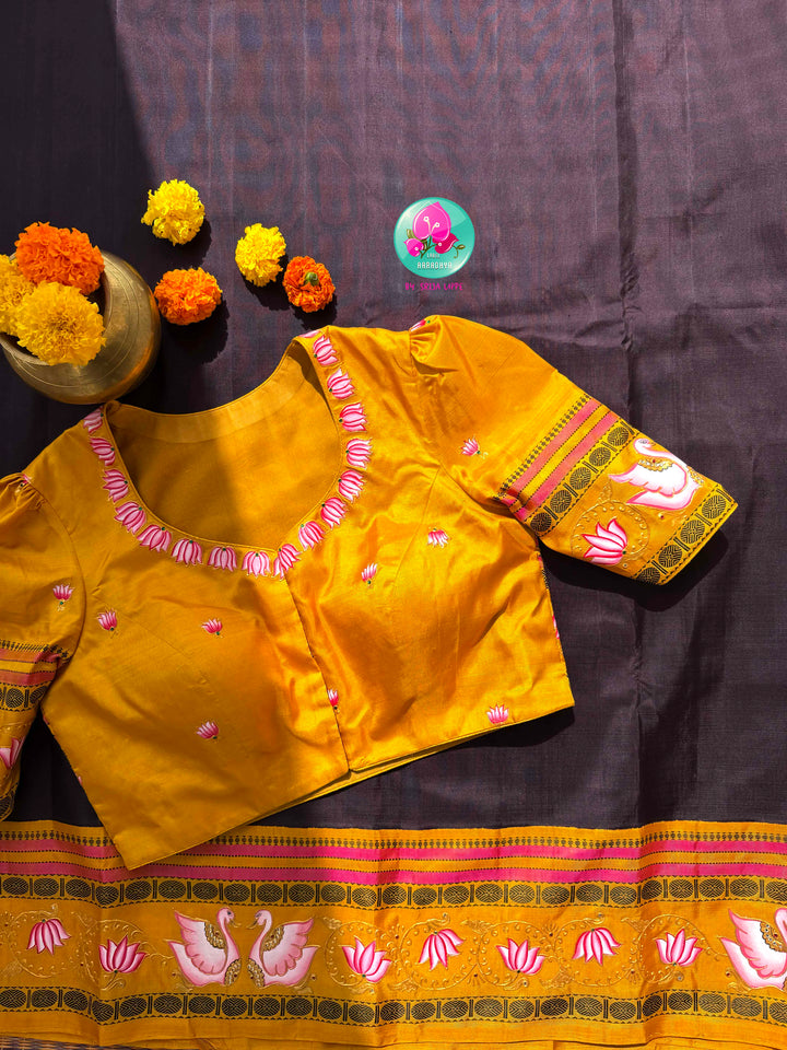 Dreamy Swan & Lotus Canvas: No-Zari Kanjeevaram Saree in Kanchana Brown & Tanjore-Painted Mustard Blouse