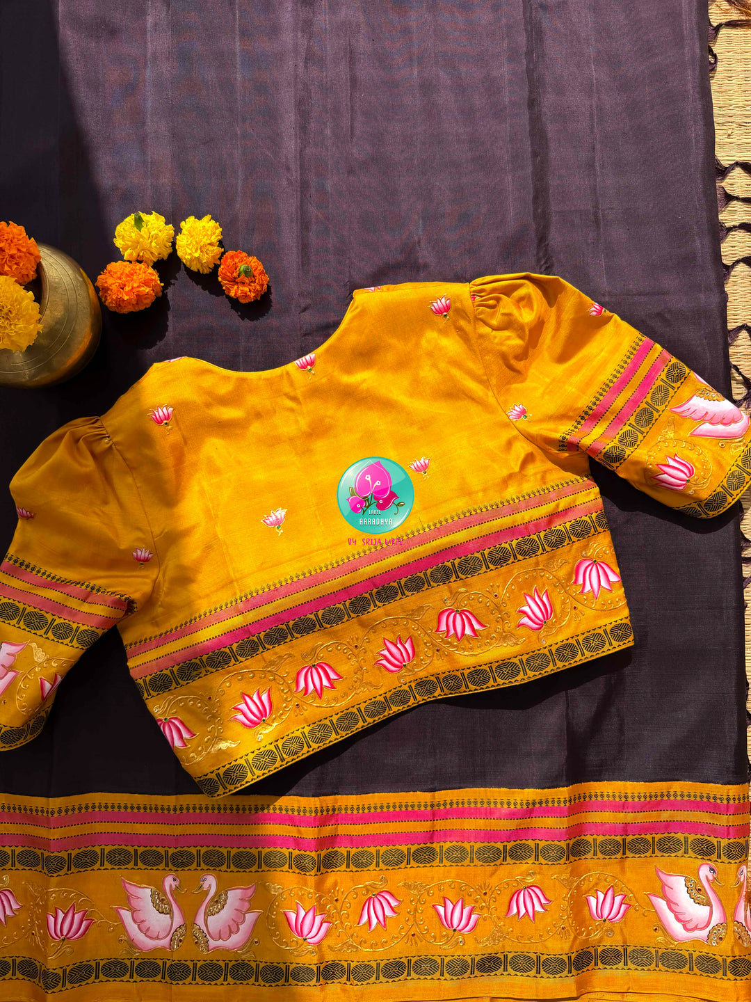 Dreamy Swan & Lotus Canvas: No-Zari Kanjeevaram Saree in Kanchana Brown & Tanjore-Painted Mustard Blouse
