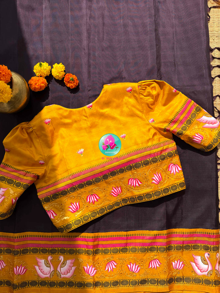 Dreamy Swan & Lotus Canvas: No-Zari Kanjeevaram Saree in Kanchana Brown & Tanjore-Painted Mustard Blouse