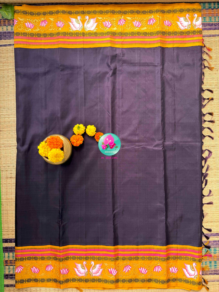 Dreamy Swan & Lotus Canvas: No-Zari Kanjeevaram Saree in Kanchana Brown & Tanjore-Painted Mustard Blouse