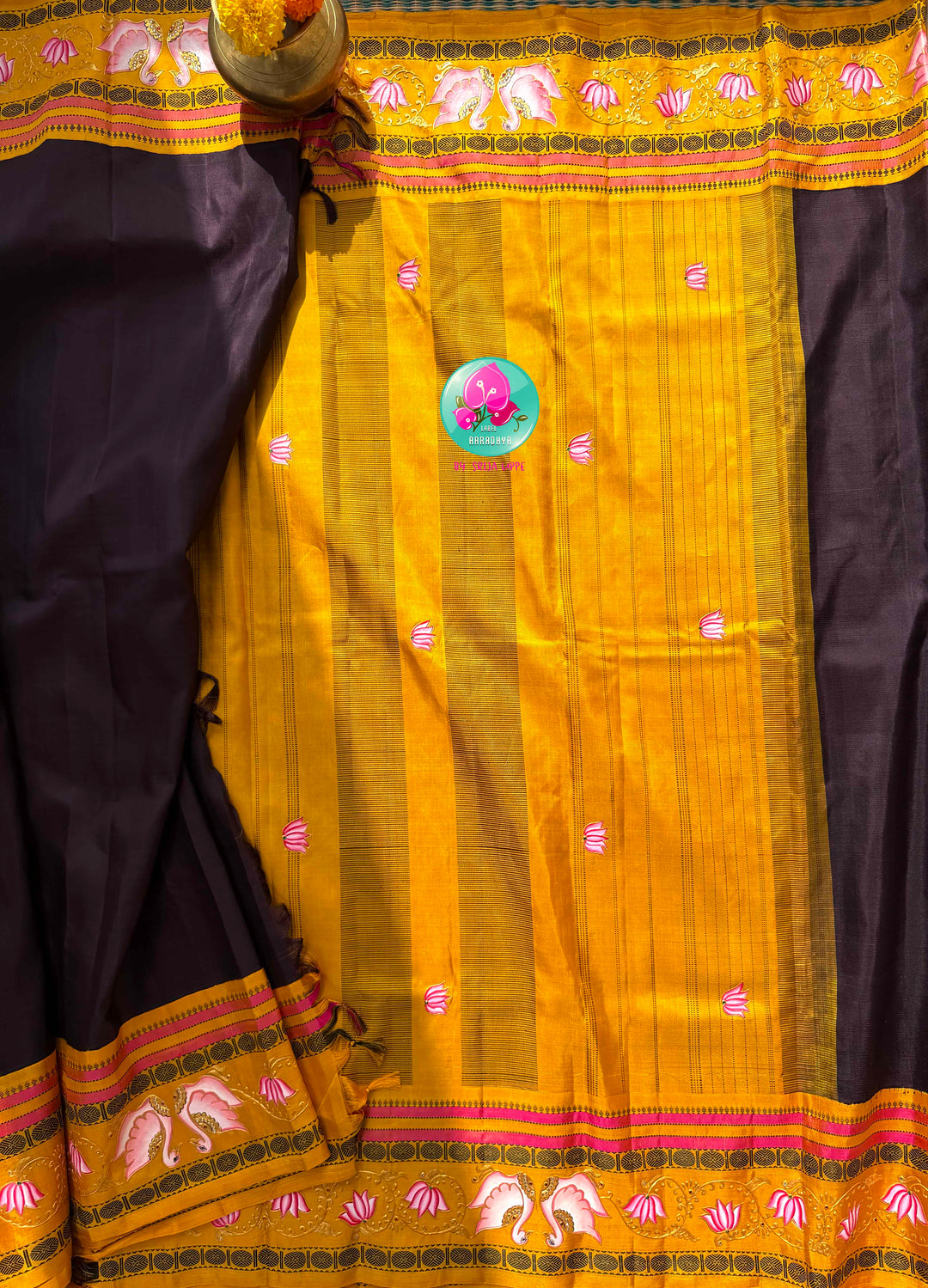 Dreamy Swan & Lotus Canvas: No-Zari Kanjeevaram Saree in Kanchana Brown & Tanjore-Painted Mustard Blouse