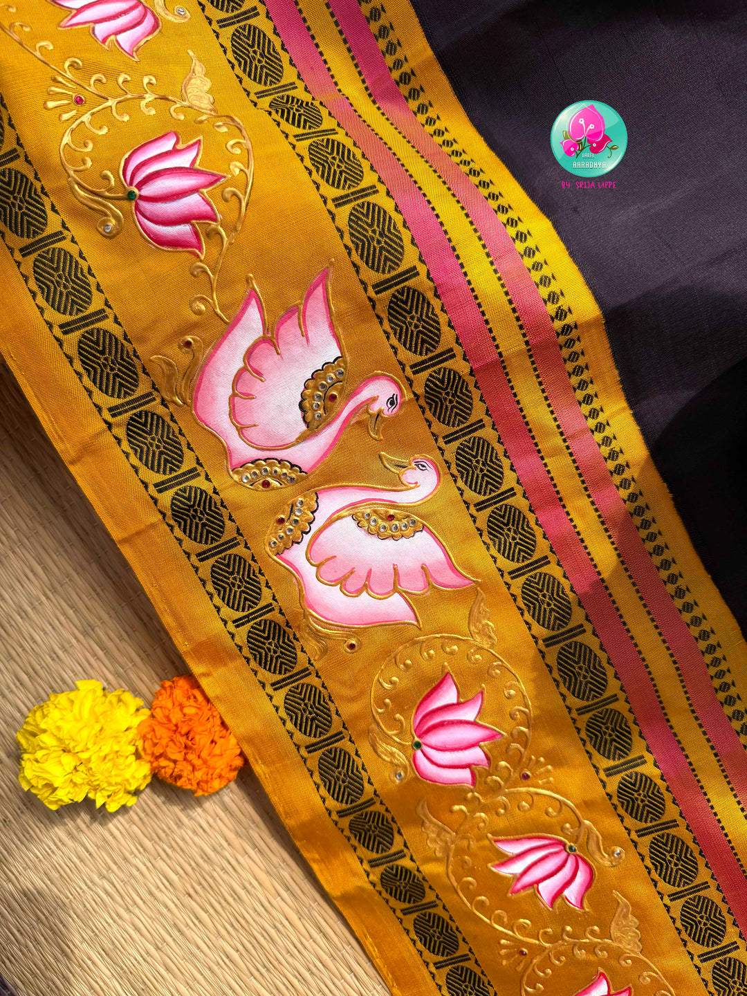 Dreamy Swan & Lotus Canvas: No-Zari Kanjeevaram Saree in Kanchana Brown & Tanjore-Painted Mustard Blouse